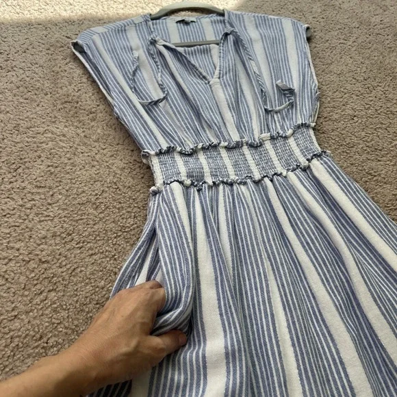 Rails Dress Womens S Blue Striped Ashlyn Midi Linen Blend Smocked Ruffle Pockets - Picture 9 of 10